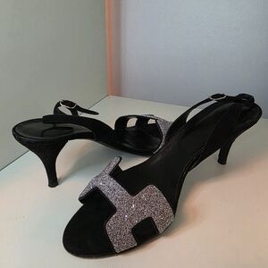 Hermès Black Suede H Logo Crystal Sandals Heels Size 39.5 Made in Italy